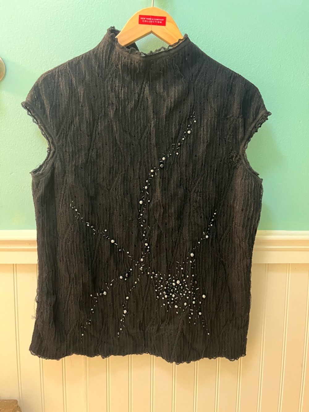 Escada Black Beaded Mock-Neck cap sleeve top